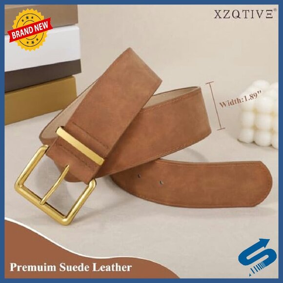 Wide Suede Belt with Gold Buckle, Adjustable, 1.89\